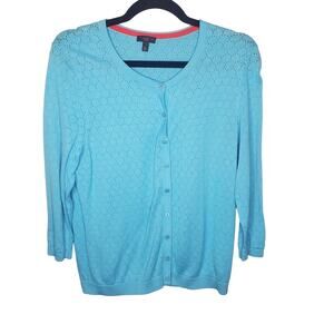 Talbots Blue Cardigan Petite Large Full Button Up Pointelle Cotton Blend